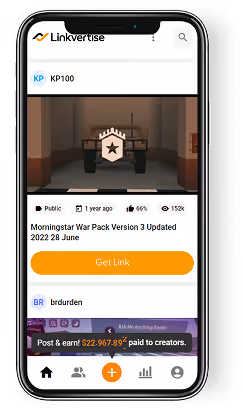 Smartphone screen showing a Linkvertise page with a public link to Morningstar War Pack Version 3 Updated 2022 28 June, 66% completion, 152k views, and an orange Get Link button, plus a banner about earnings for creators.